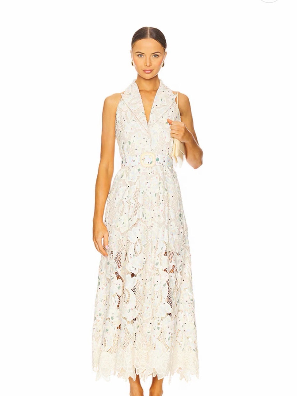 ELLIATT Kyla Maxi Dress Size L Multi Floral Lace Pearl Belt Wedding Guest